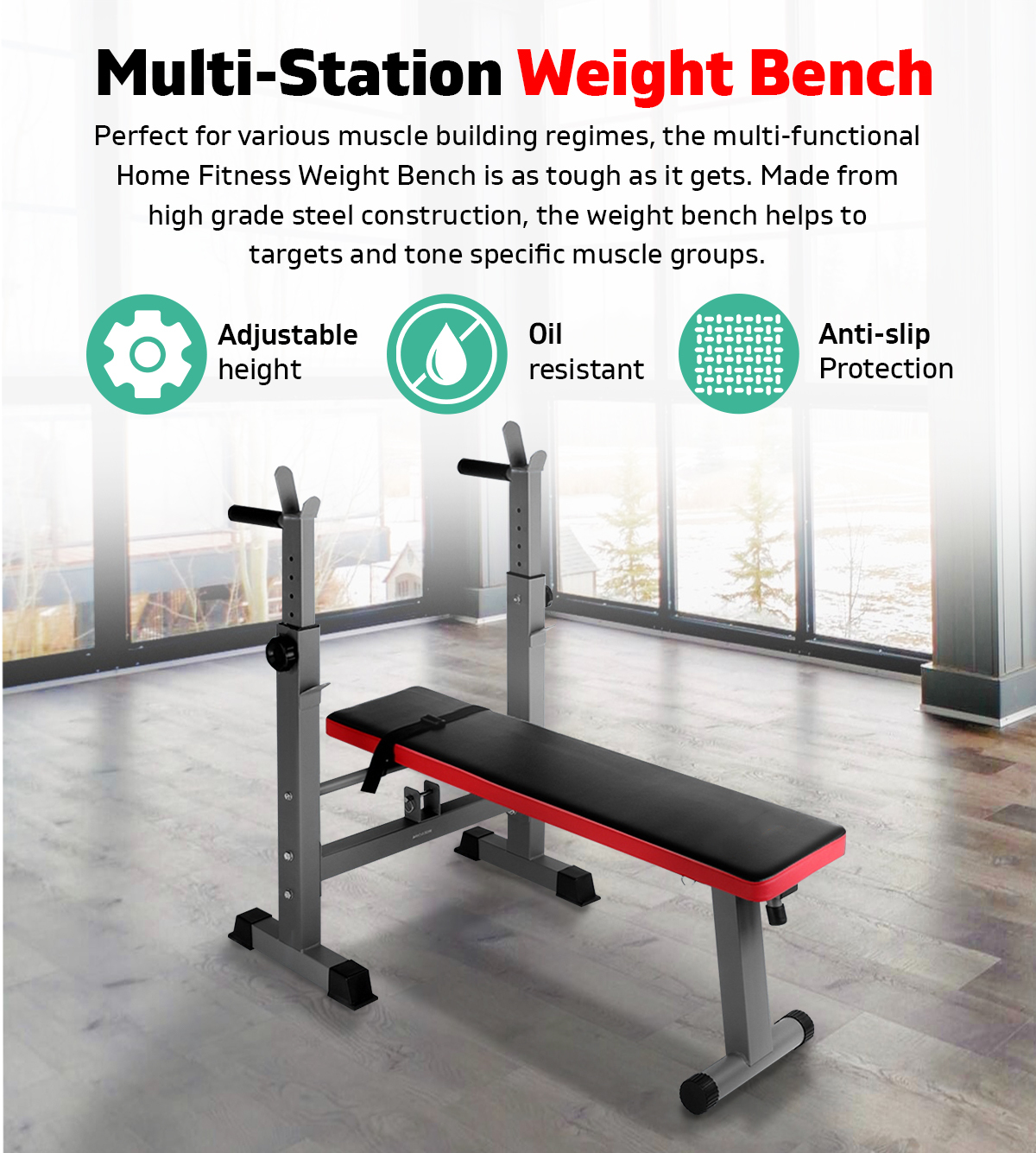 Multi-Station Weight Bench Press Weights Equipment Fitness Workout Home Gym Red
