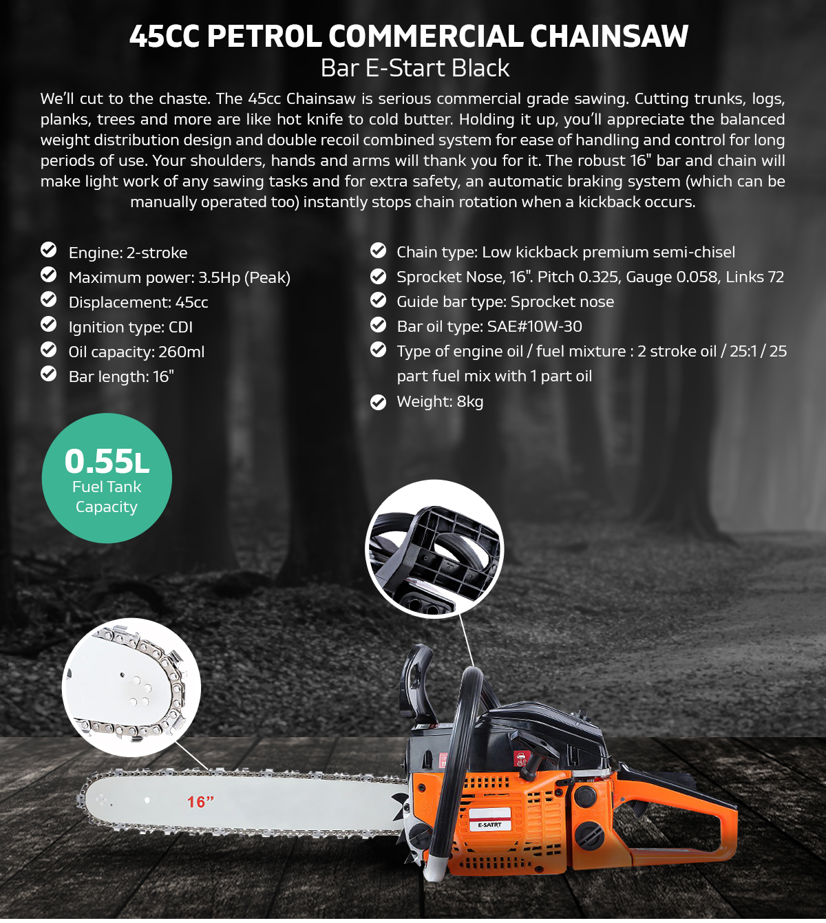Petrol 45CC Premium Commercial Grade Chainsaw Chain Saw Bar E-Start Black