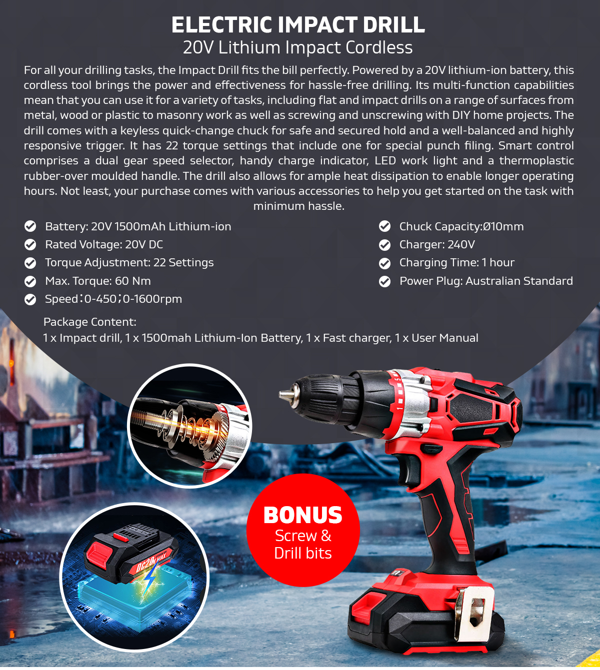 Electric Impact Drill 20V 1500mAh Lithium-ion Battery Cordless Lightweight