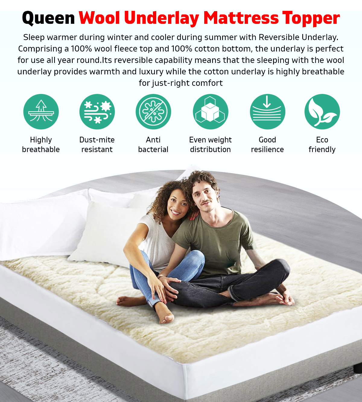 Queen Size Wool Underlay Mattress Bed Topper Underblanket Cotton White