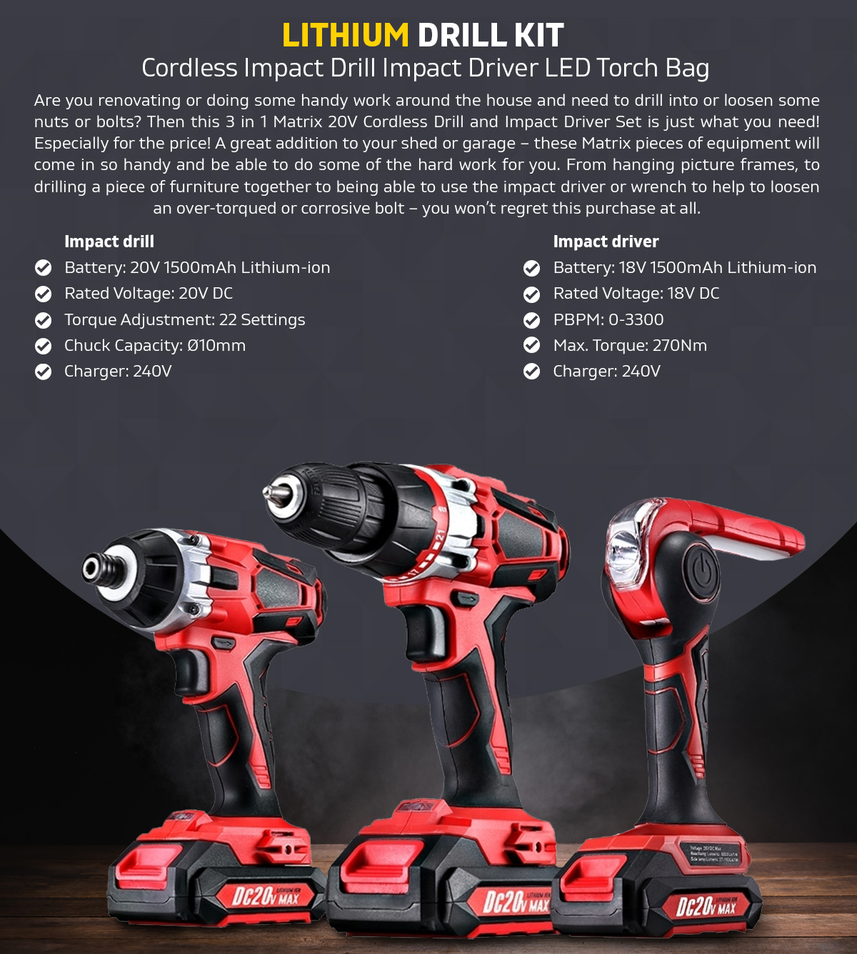 Drill Kit Cordless 20V Impact Drill Impact Driver Lithium LED Torch Bag