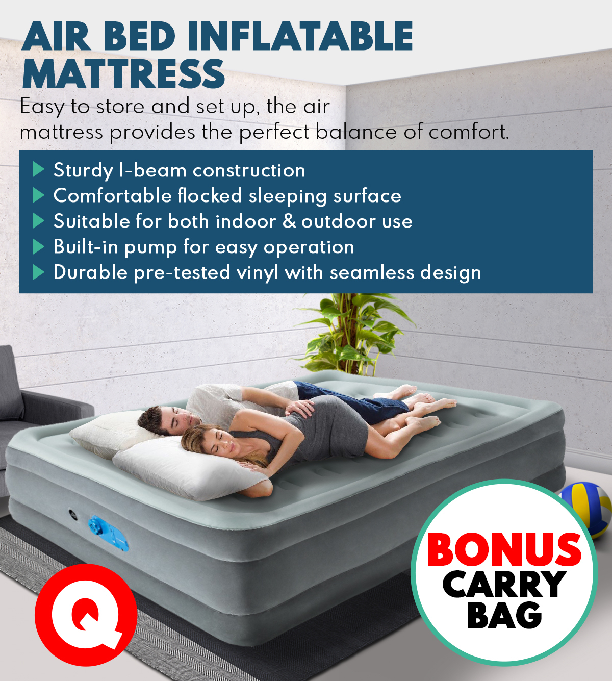Queen Size Air Bed Inflatable Mattress Sleeping 46CM Mat Built-in Pump - Grey