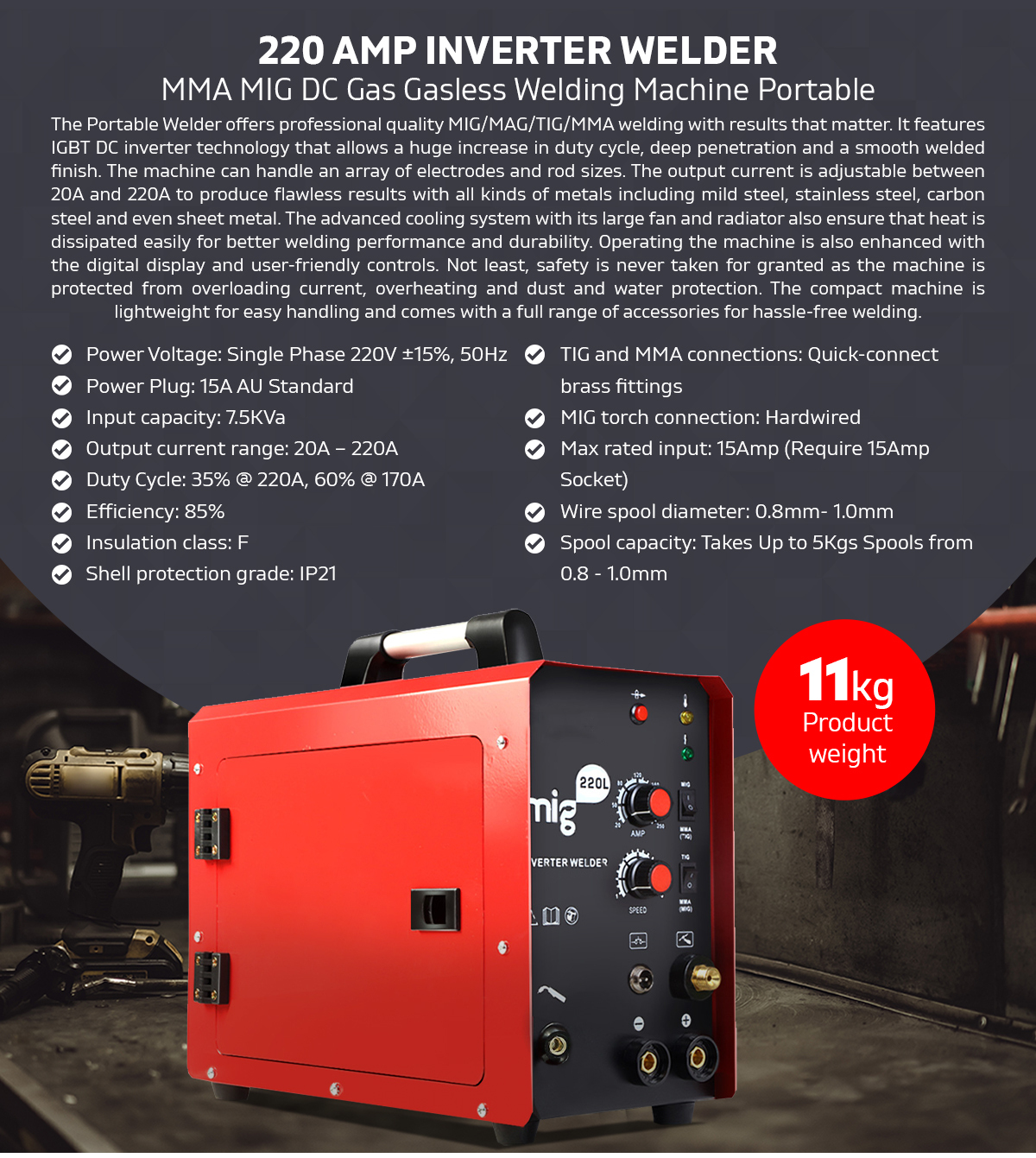 Inverter Welder Machine 220 Amp MMA MIG DC Gas Gasless Welding Machine Portable 