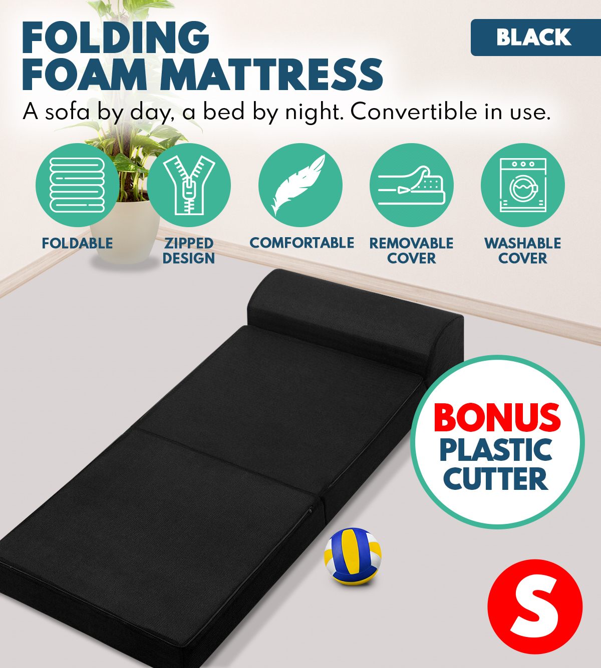 Folding Foam Bed Mattress Portable Single Sofa Bed Mat Air Mesh Fabric - Black