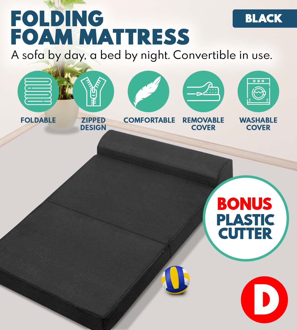 Folding Foam Bed Mattress Portable Double Sofa Bed Mat Air Mesh Fabric - Black