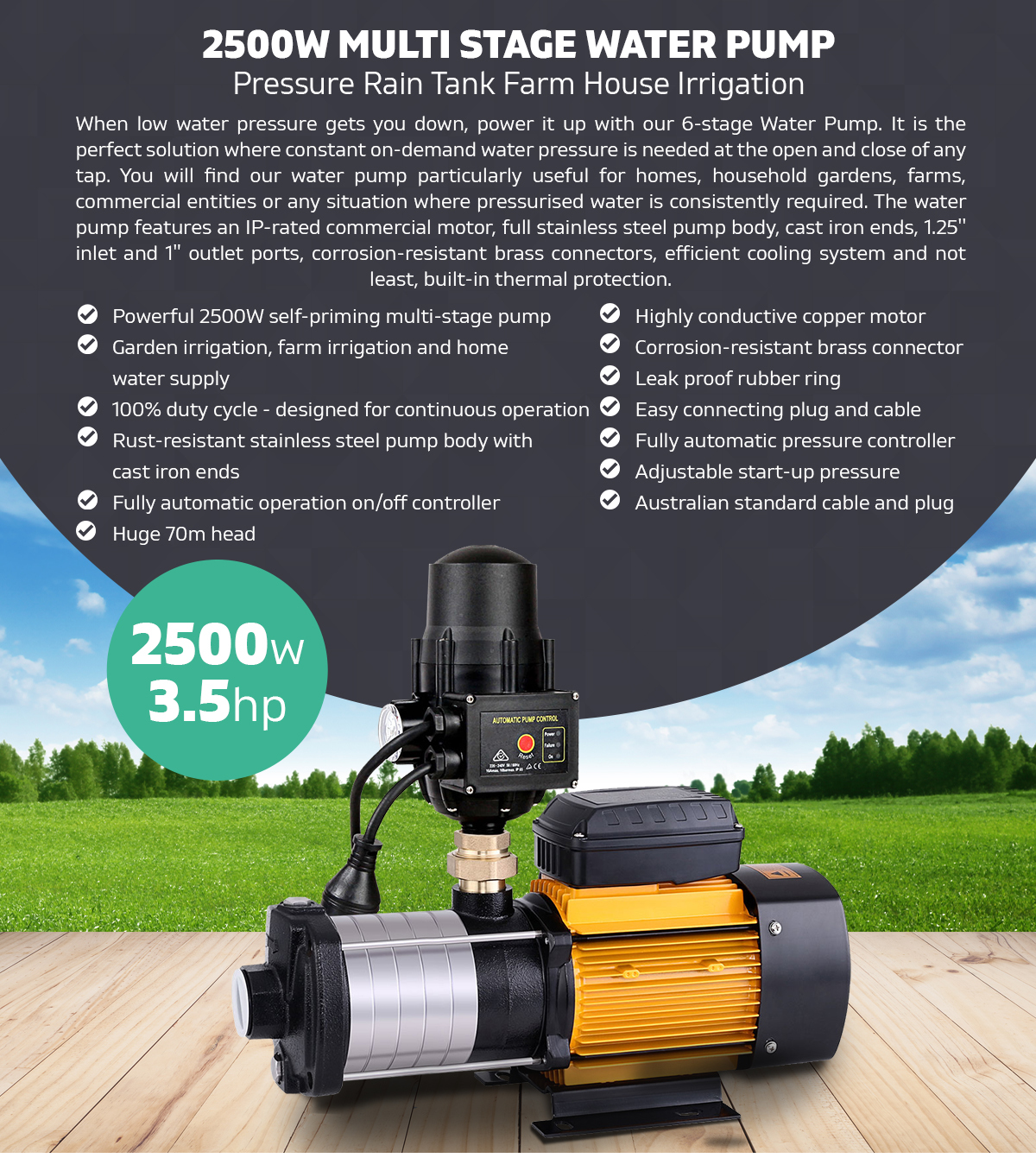 3.5HP Multi Stage 2500W Water Pump Pressure Rain Tank Farm House Irrigation