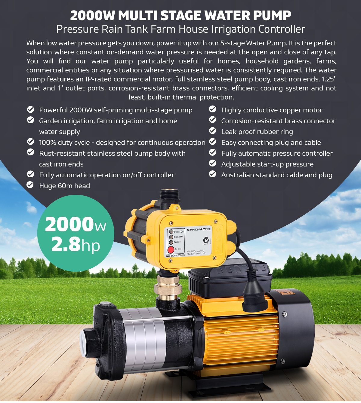 2000W Multi Stage Water Pump Pressure Rain Tank Irrigation 2.8 HP Controller