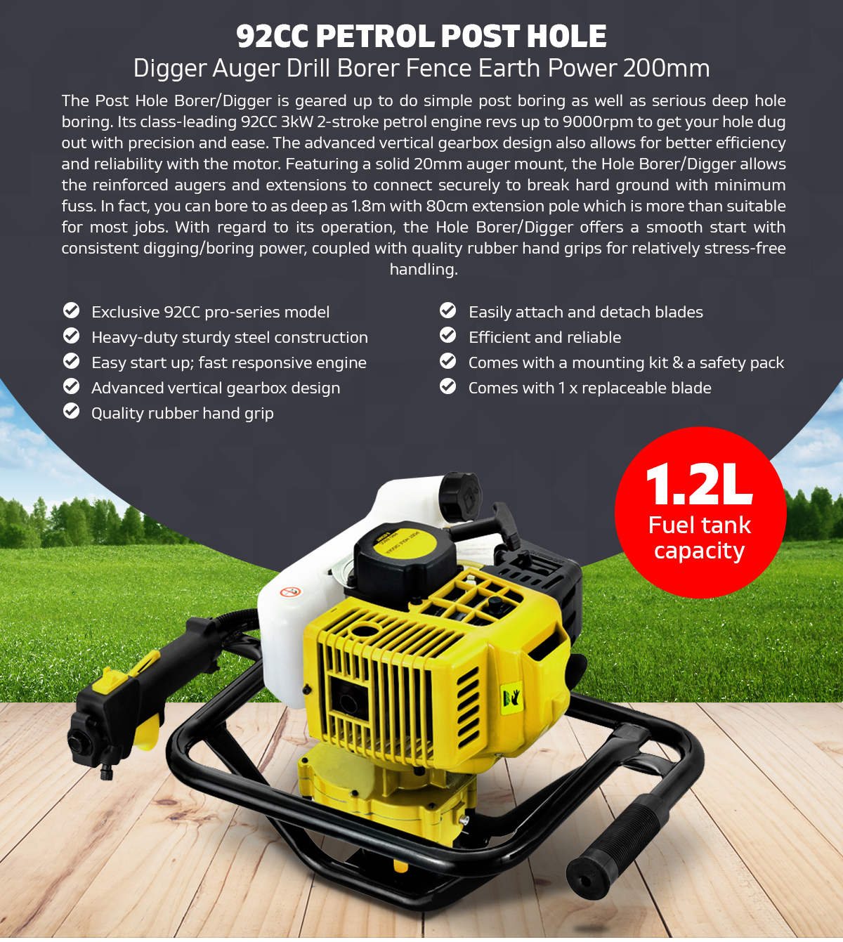 1.2L Petrol Post 92CC Hole Digger Auger Borer Drill Fence Earth 200mm Power
