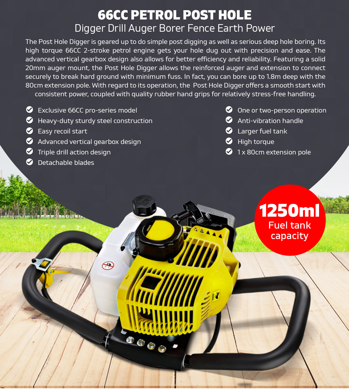 66CC Petrol 1.45KW Post Hole Digger Drill Auger Borer Fence Earth Power 1250ML 
