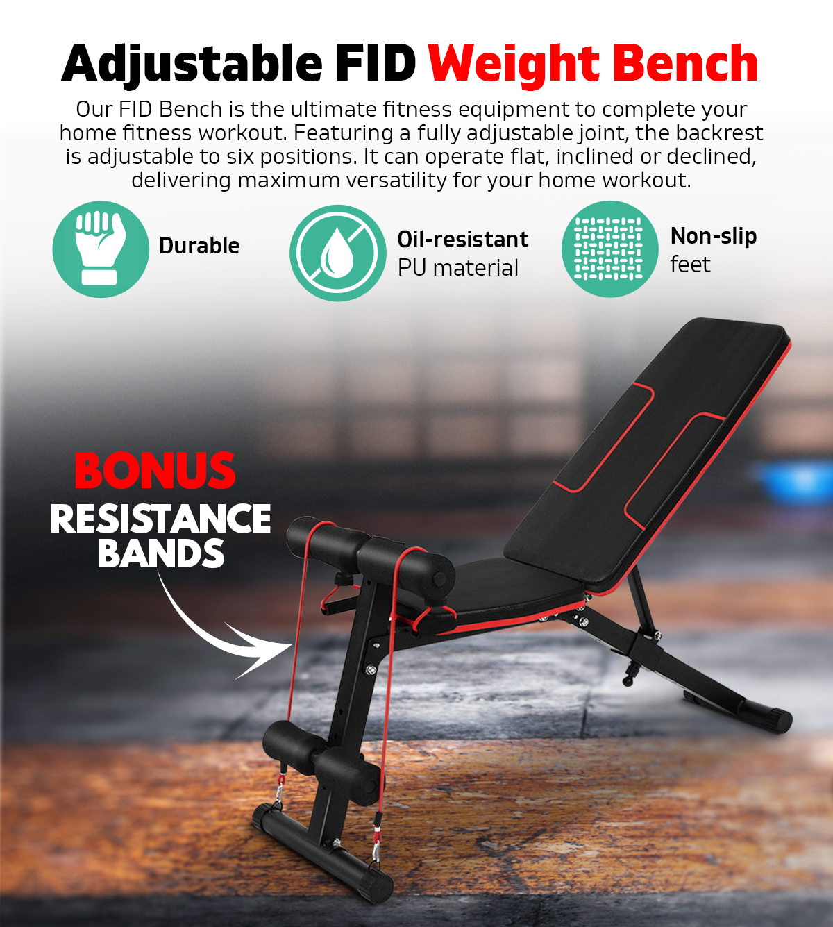 FID Weight Bench Fitness  Adjustable Flat Incline Gym Home Steel Frame