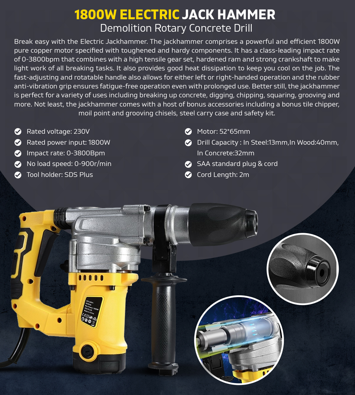 Jack Hammer 1800W Demolition Rotary Electric Concrete Drill 230V
