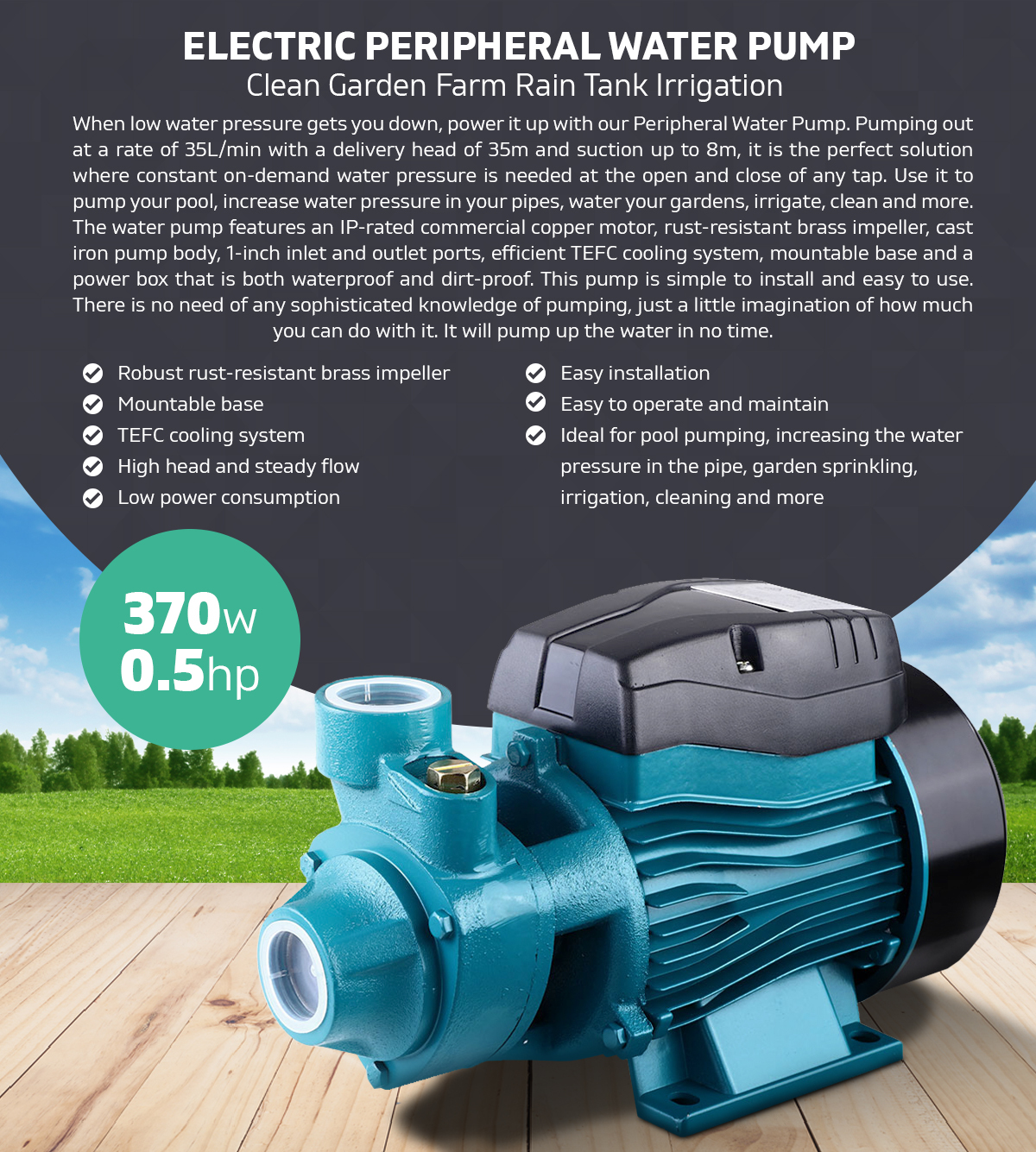 370W Peripheral Water Clean Garden Farm Rain 0.5HP Pump Tank Irrigation Electric