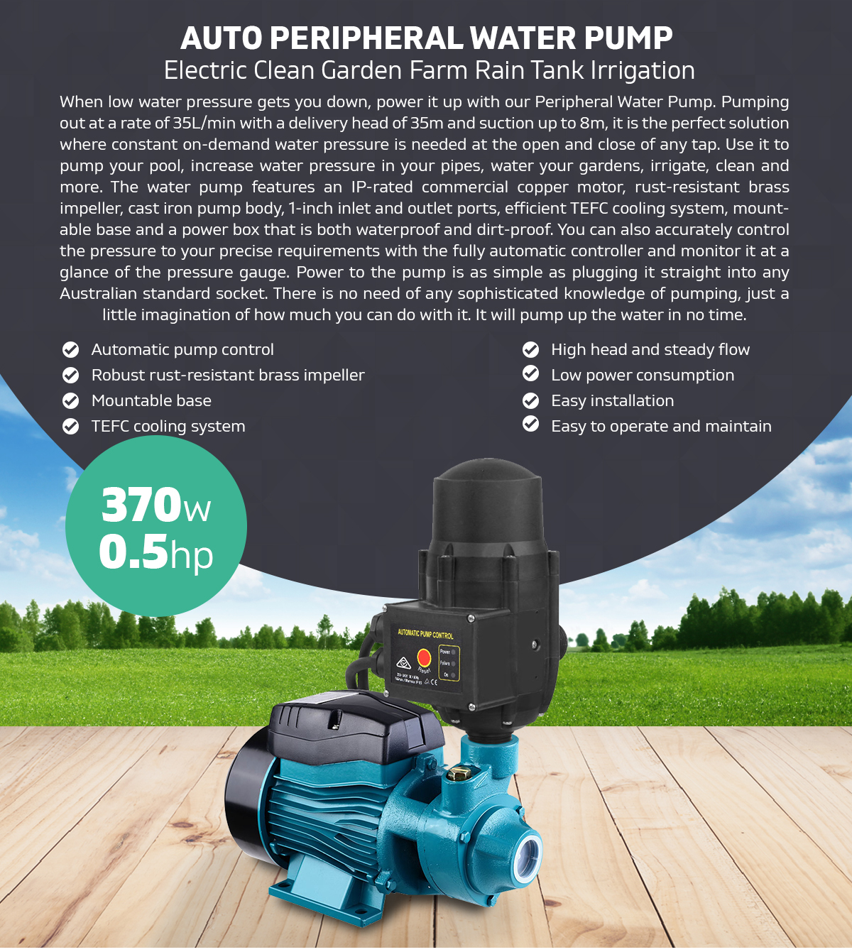 370W Auto Peripheral Water Pump 0.5 HP Electric Clean Rain Tank Irrigation