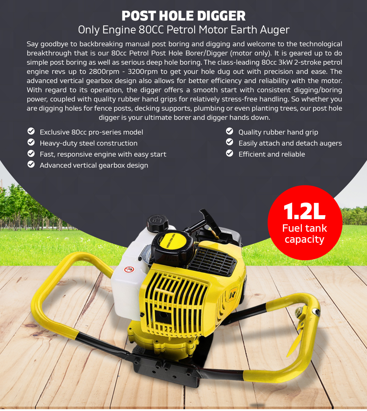 1.2L Post Hole Digger Only Engine 80CC Petrol Motor Earth Diggers Auger 3.0KW