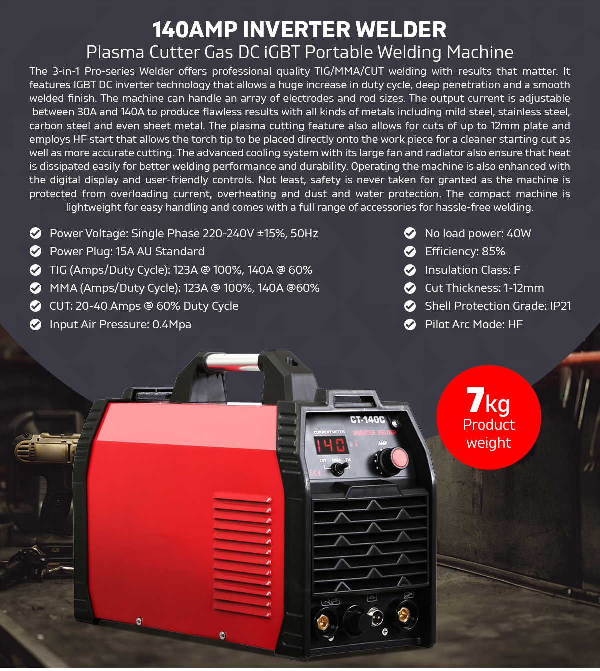Inverter 140Amp Welder Plasma Cutter Gas DC iGBT Portable Welding Machine