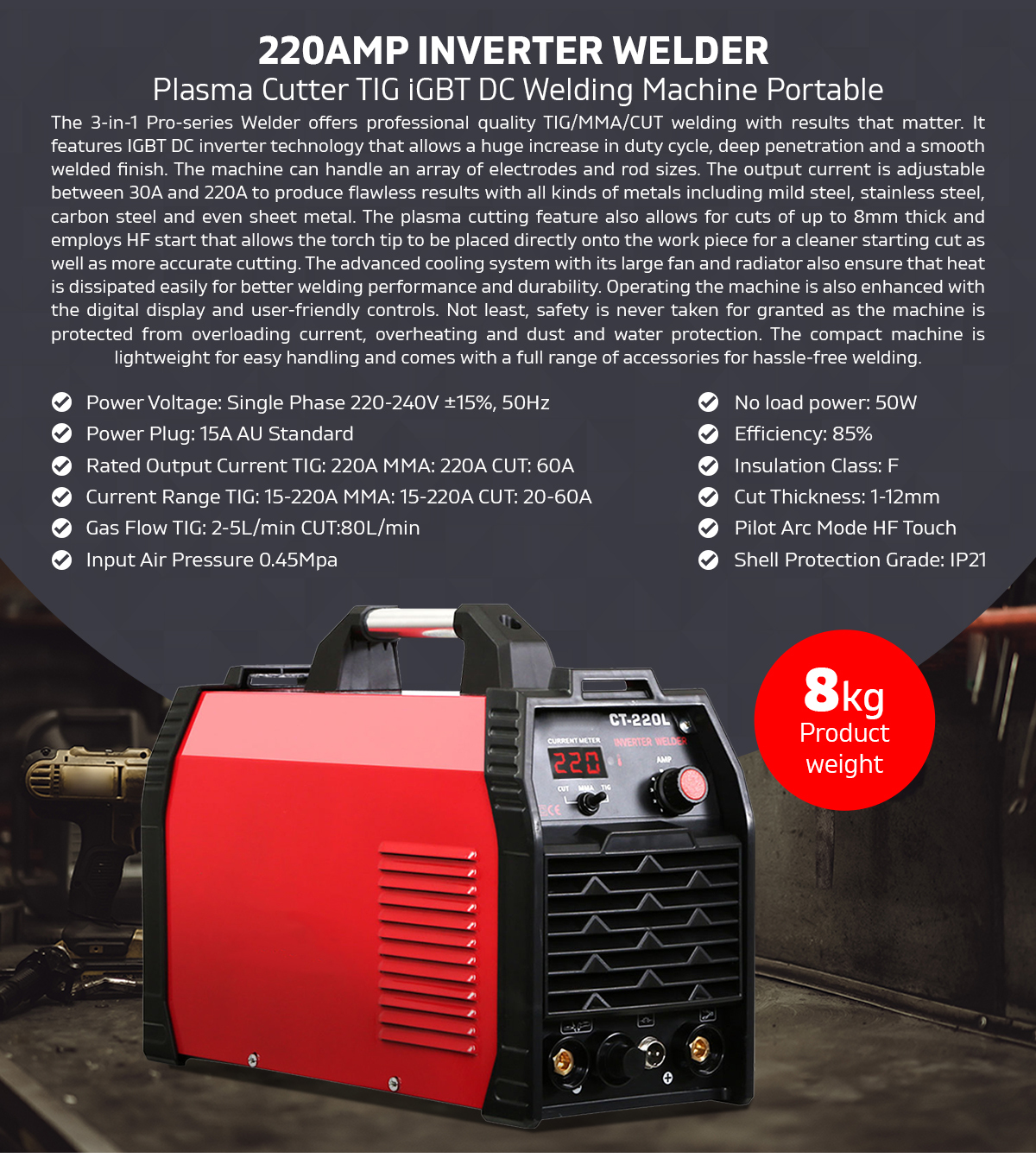 Inverter 220Amp Welder Plasma Cutter TIG iGBT DC Portable Welding Machine