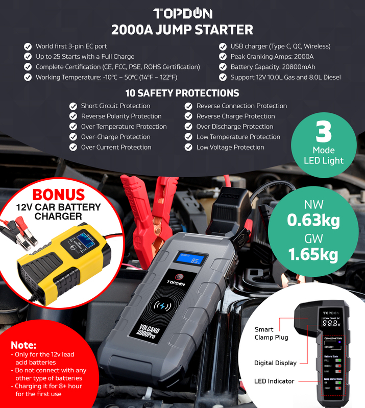 TOPDON Car Jump Starter Booster Lithium 12V Yellow Battery Charger Tester V2000PRO Power Bank
