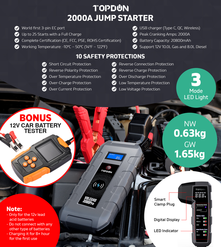 TOPDON Car Jump Starter Booster Lithium 12V Orange Battery Tester Charger V2000PRO Bank Power Bank