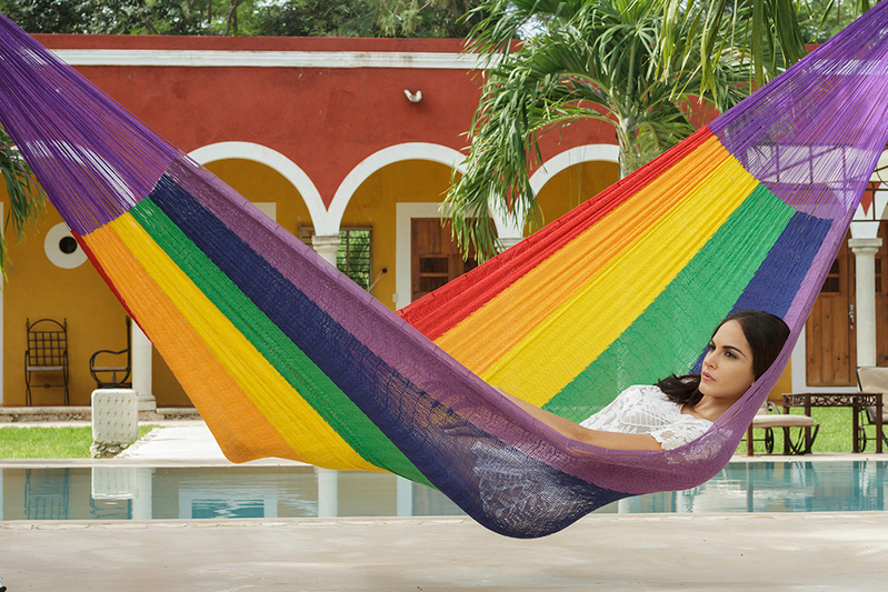 Mayan Legacy King Size Cotton Mexican Hammock in Rainbow Colour