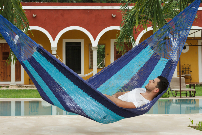 Mayan Legacy King Size Outdoor Cotton Mexican Hammock in Caribbean Blue Colour