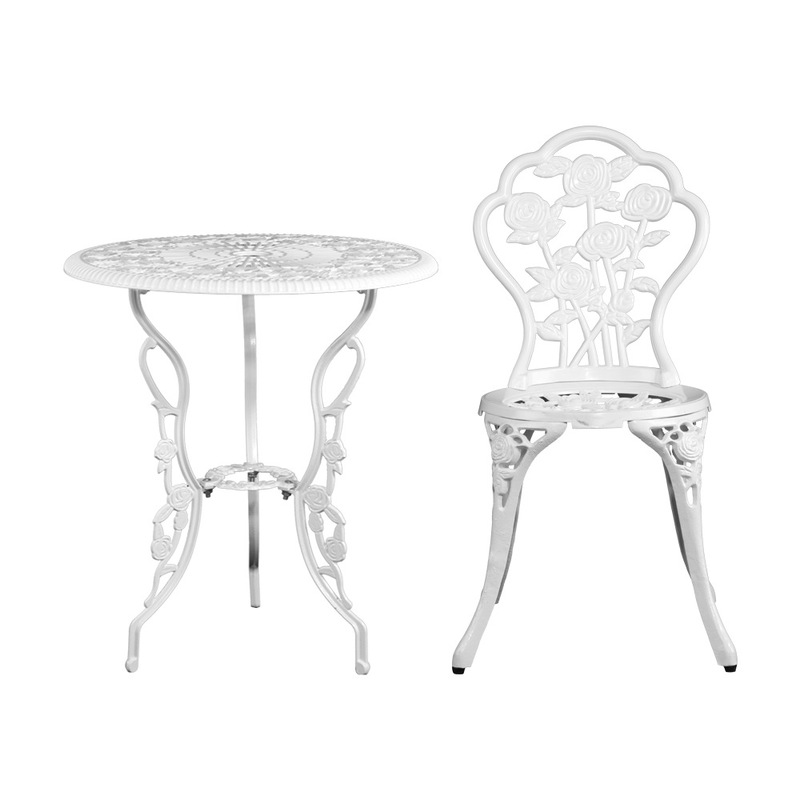 Gardeon 3PC Outdoor Setting Bistro Set Chairs Table Cast Aluminum Patio Furniture Rose White