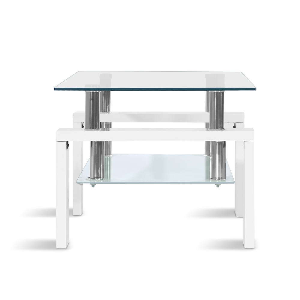 Artiss 2 Tier Coffee Table Tempered Glass Stainless Steel White