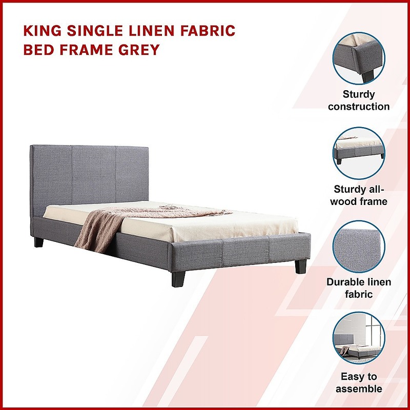 King Single Linen Fabric Bed Frame Grey