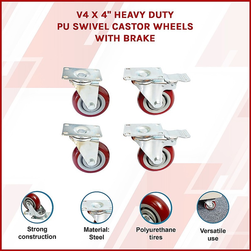 4 x 4" Heavy Duty PU Swivel Castor Wheels With Brake