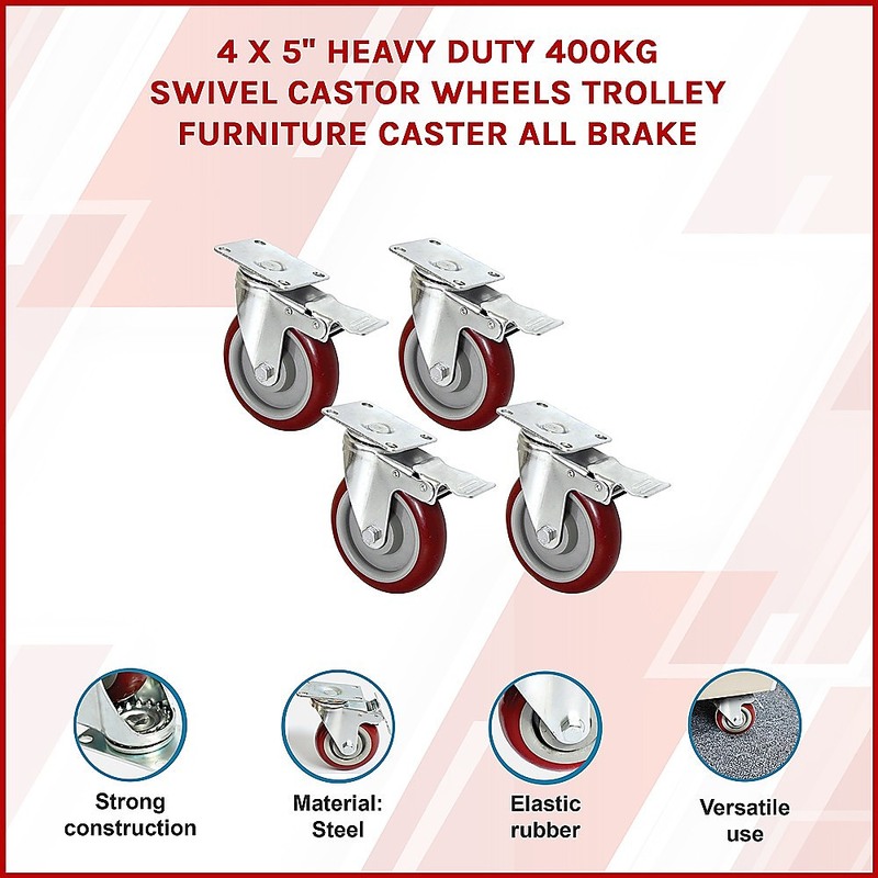 4 X 5" Heavy Duty 400kg Swivel Castor Wheels Trolley Furniture Caster All Brake