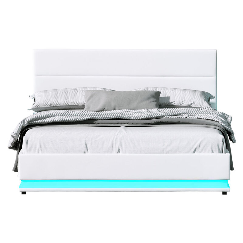 Artiss Lumi Led Bed Frame Pu Leather, Artiss Queen Size Gas Lift Bed Frame Base With Storage Mattress White Leather Tiyo
