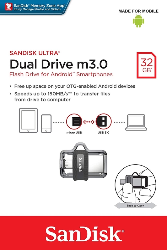 SANDISK OTG ULTRA DUAL USB DRIVE 3.0 FOR ANDRIOD PHONES 32GB 150MB/s  SDDD3-032G