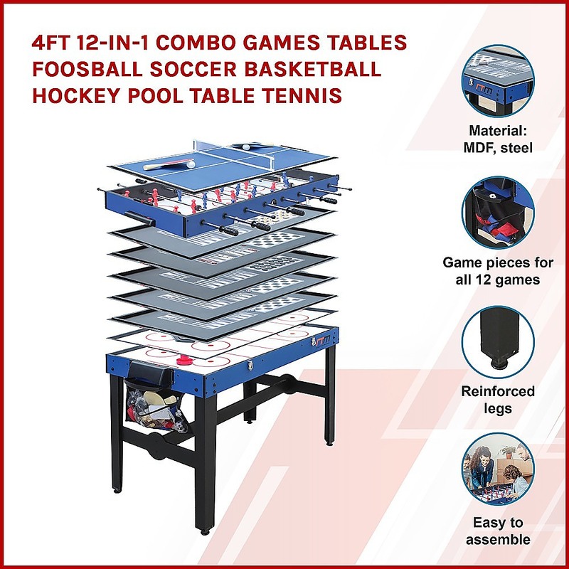4FT 12-in-1 Combo Games Tables Foosball Soccer Basketball Hockey Pool Table Tennis