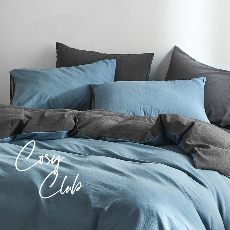Cosy Club Quilt Cover Set Cotton Duvet Double Blue Dark Blue