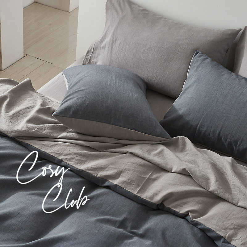 Cosy Club Quilt Cover Set Cotton Duvet Queen Blue Dark Grey