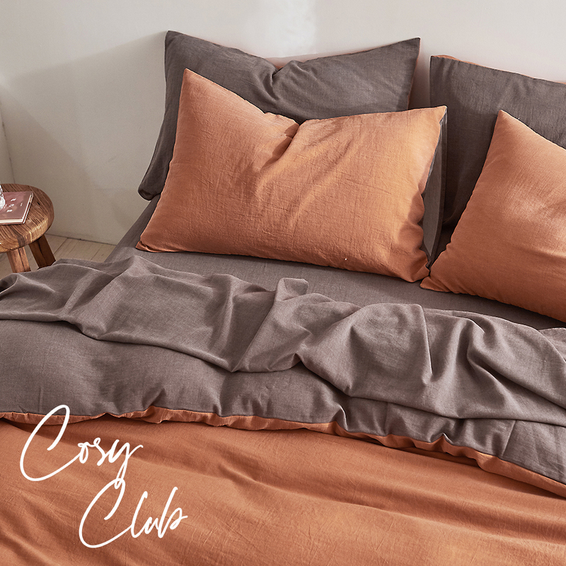 Cosy Club Quilt Cover Set Cotton Duvet Queen Orange Brown