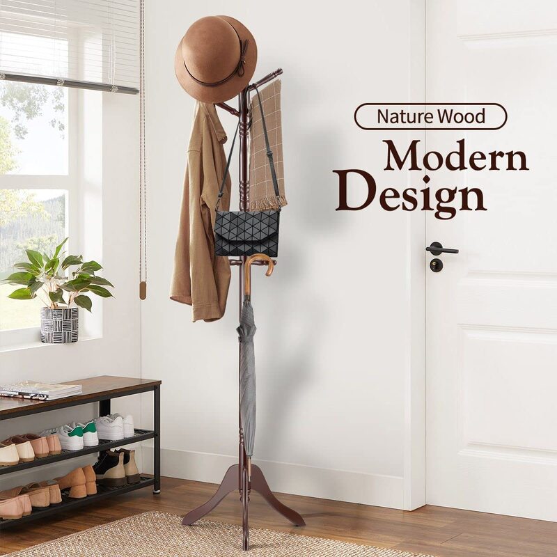 Brown Coat Rack with Stand Wooden Hat and Hooks Hanger