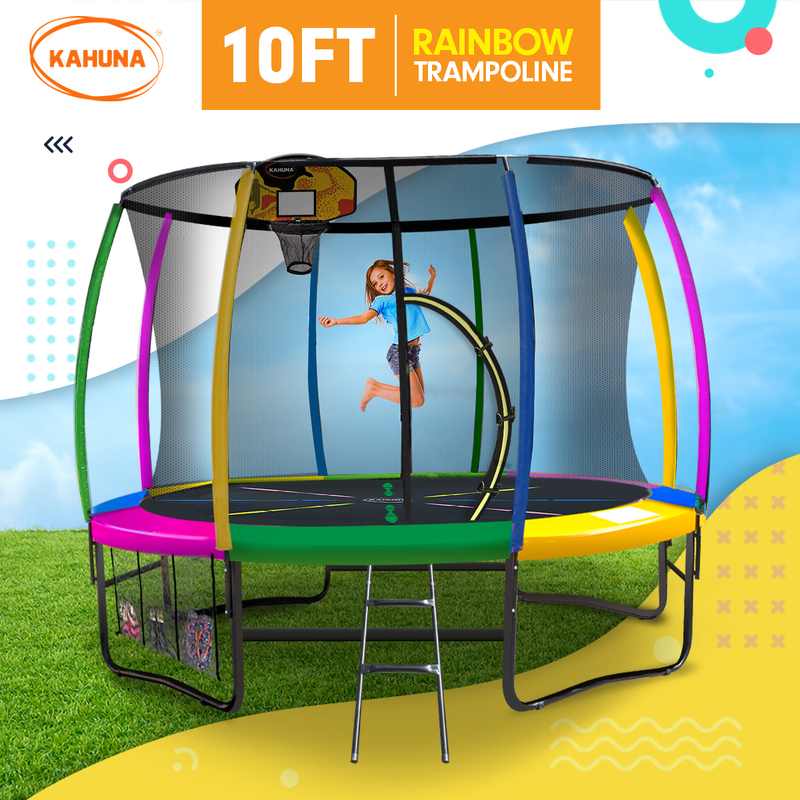 Kahuna 10ft Outdoor Trampoline Kids Children With Safety Enclosure Pad Mat Ladder Basketball Hoop Set - Rainbow