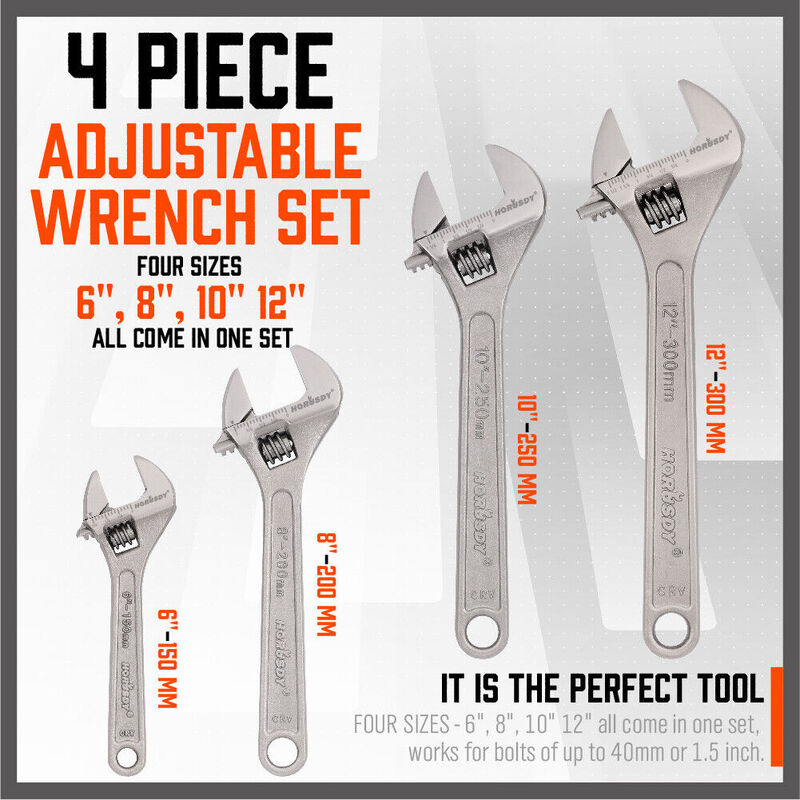 4Pc Adjustable Wrench Set Heavy Duty Shifter Spanner Wide Open Jaw 6"/8"/10"/12"