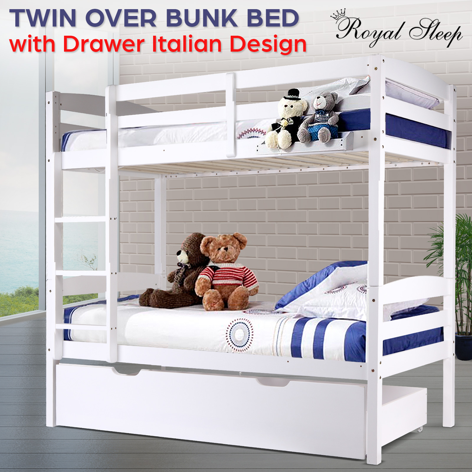 Royal Sleep White Single Kids Bunk Beds, Twin Single Bunk Bed