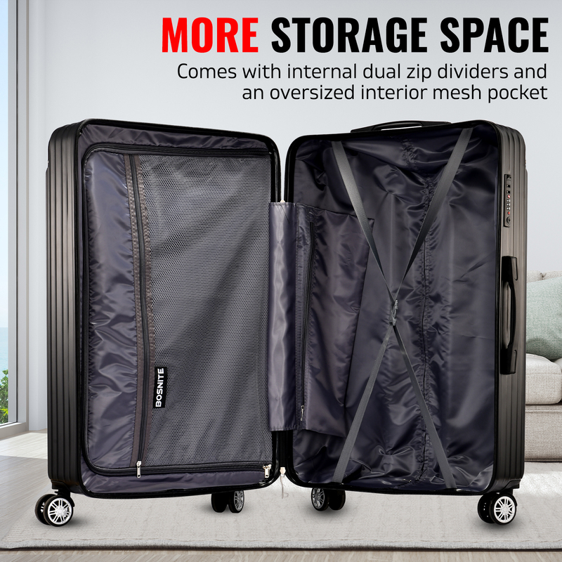 3 Piece Luggage Set - Black Hard Case Carry on Travel Suitcases