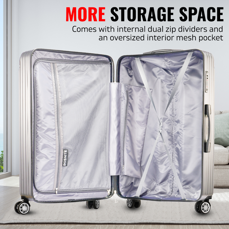 3 Piece Luggage Set - Silver Hard Case Carry on Travel Suitcases