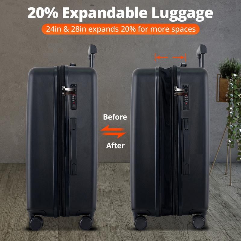 3 Piece Luggage Set – Black Hard Case Carry on Travel Suitcases