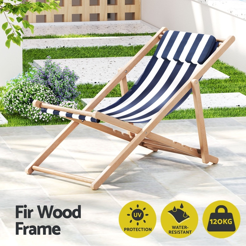 Gardeon Outdoor Deck Chair Wooden Sun Lounge Folding Beach Patio Furniture Blue