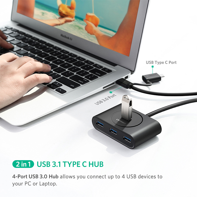 UGreen USB 3.0 Hub With Type C port Black 1M 40850