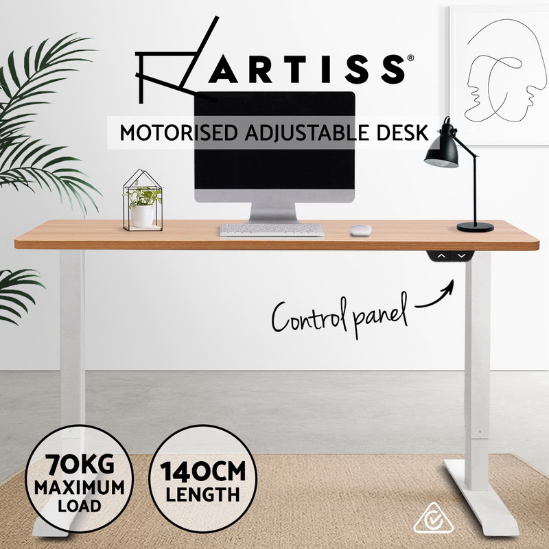 Artiss Standing Desk Adjustable Height Desk Electric Motorised White Frame Oak Desk Top 140cm