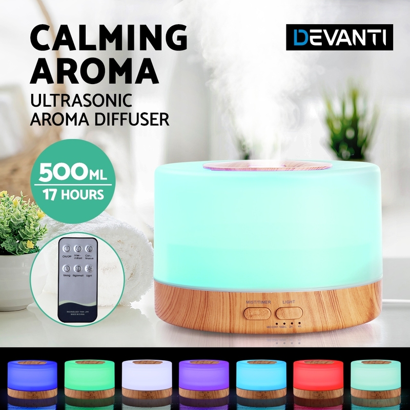 DEVANTI Aroma Diffuser Aromatherapy LED Night Light Air Humidifier Purifier Round Light Wood Grain 500ml Remote Control