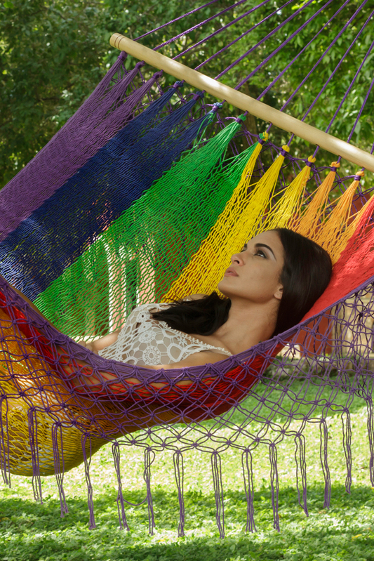 Mayan Legacy Queen Size Outdoor Cotton Mexican Resort Hammock With Fringe in Rainbow Colour