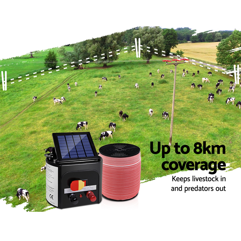 Giantz Fence Energiser 8KM Solar Powered Electric 1200M Poly Tape