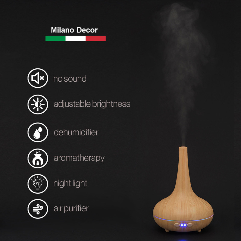 Essential Oil Diffuser Ultrasonic Humidifier Aromatherapy LED Light 200ML 3 Oils - Light Wood Grain