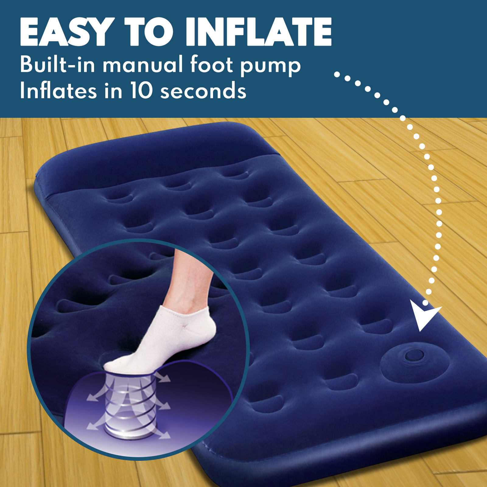 Single Size Inflatable Air Bed Mattress 22CM Built-in Foot Pump - Navy